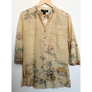 Citron Blouse Shirt Small Asian Inspired Tan Button Down Silk Cotton Tan Tunic